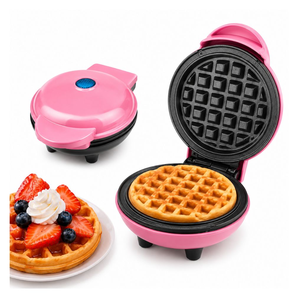 Mini Wafflera Antiadherente Eléctrica Portátil de 350W Rosa