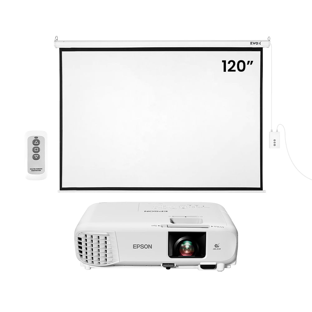 Combo Proyector Epson PowerLite E24 y Ecran Eléctrico Evox de 120 Pulgadas
