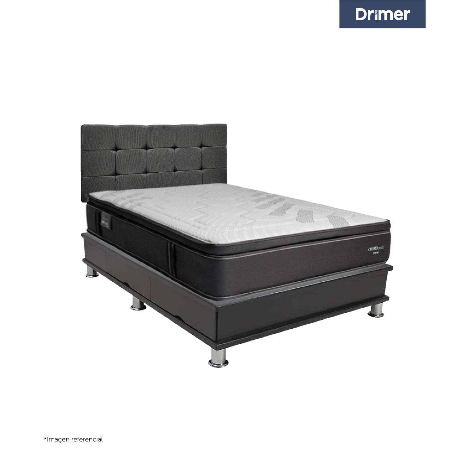 Dormitorio Cuadros Cromopedic 1.5 Plazas + Almohada + Protector Gris