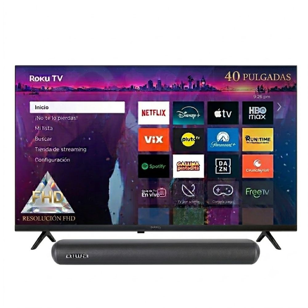 Combo TV Smart FHD 40 pulgadas Aiwa Roku TV AW40B2RK mas Barra de Sonido Aiwa AWSBH20