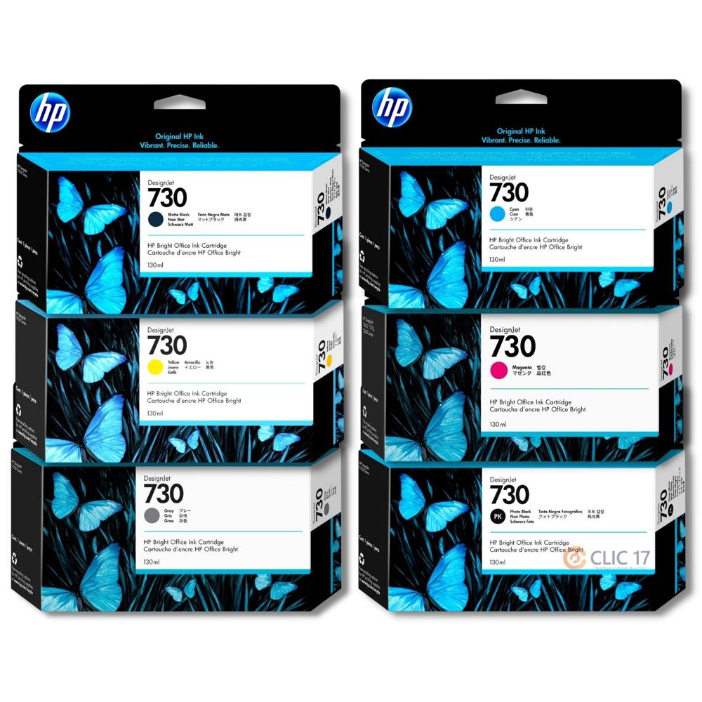 Kit Tinta HP 730 Cyan, Magenta, Amarillo, Mate Black, Photo Black, Gris Original