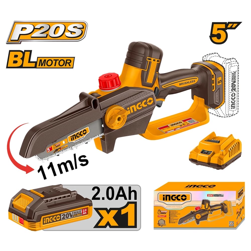 Motosierra Brushless Ingco 20V 13CM con 1 Batería 2.0AH y 1 Cargador CGSLI20561