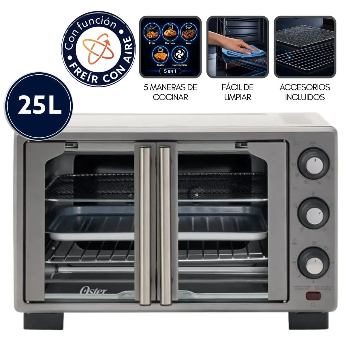 Horno con freidora de aire Oster de 25 litros puertas francesas TSSTTV25FDMAFNS