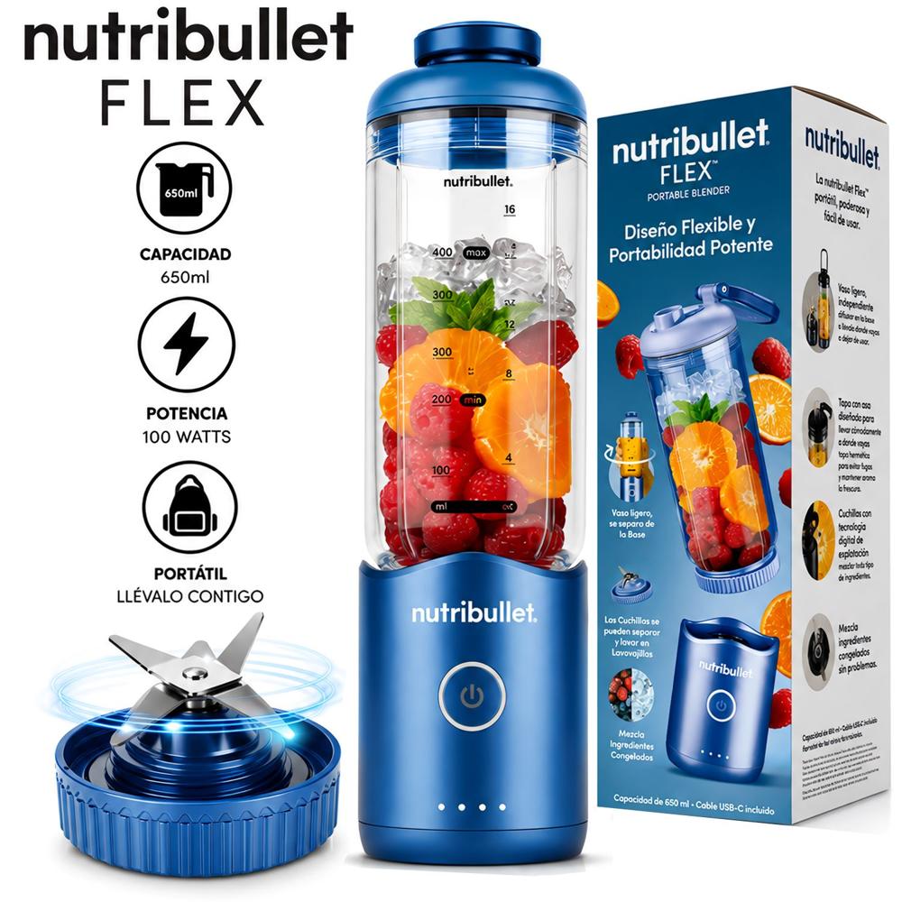 Licuadora Portátil Nutribullet Flex 650 ml para Smoothies y Batidos NBPB20222DV Azul