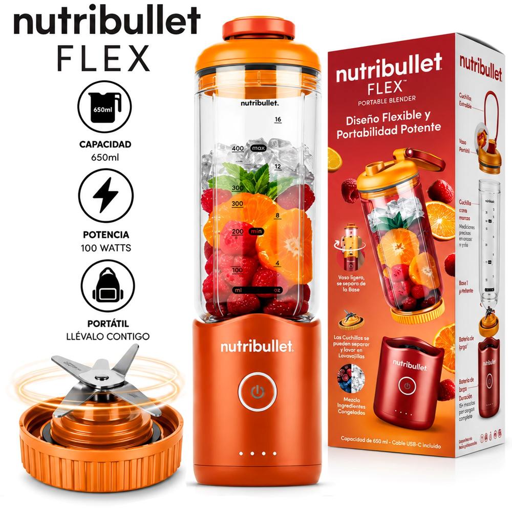 Licuadora Portátil Nutribullet Flex 650 ml para Smoothies y Batidos NBPB20222EO Naranja