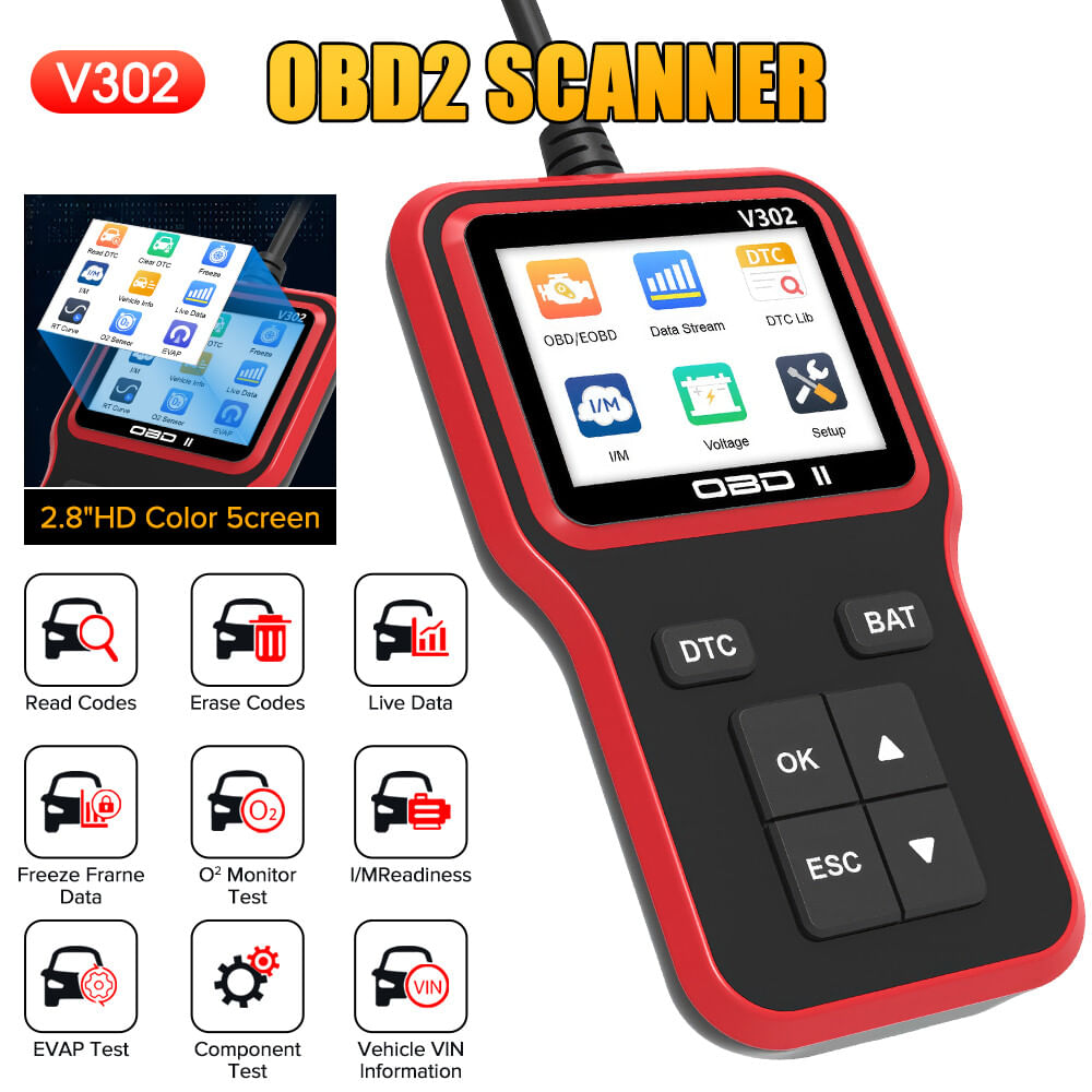 Escáner OBD2 Completo Diagnóstico Fácil Códigos Datos en Vivo EVAP Y Pantalla a Color V302