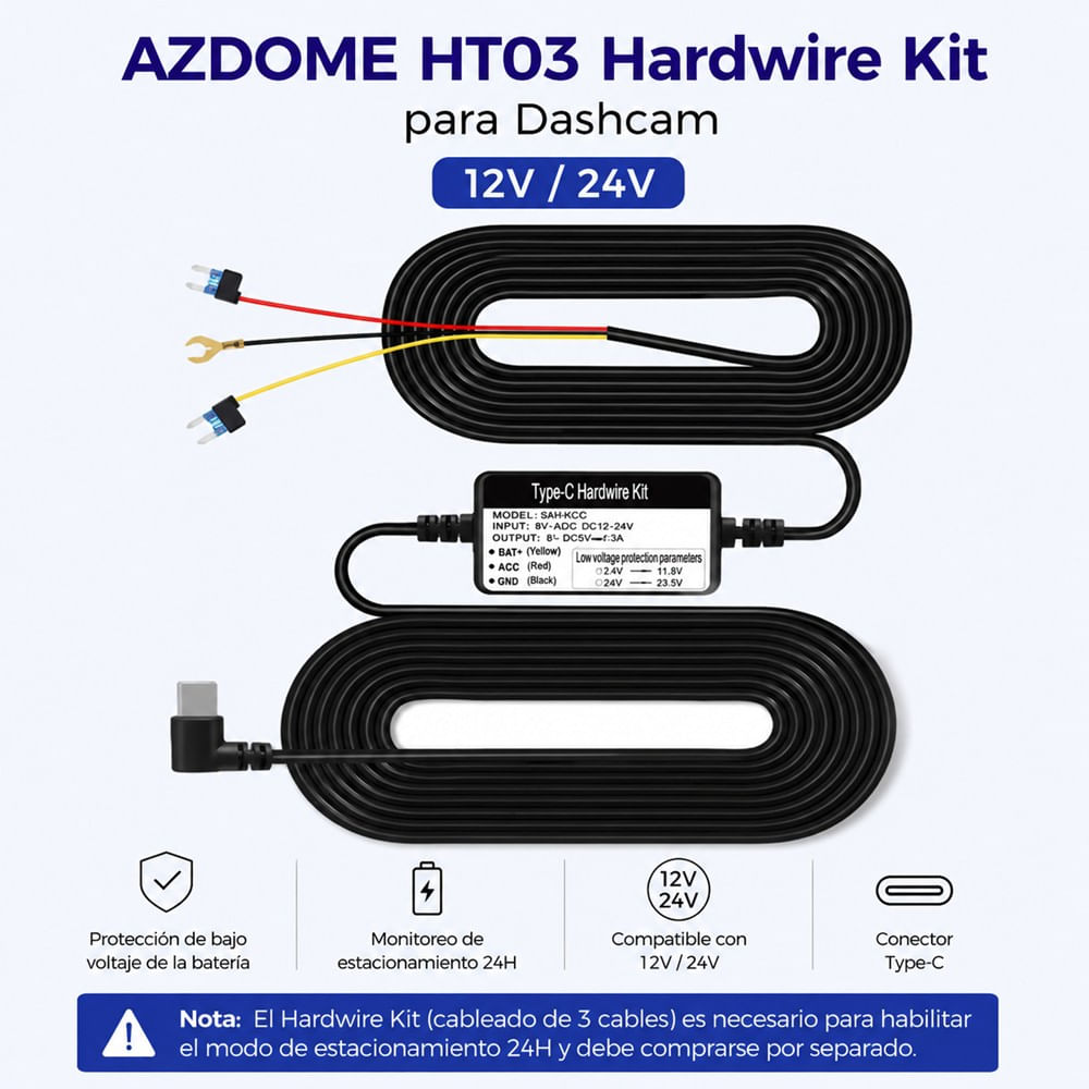 AZDOME Kit Hardwire HT03 USB-C para Dash Cam 12V24V 5V 2.5A con Protección de Batería