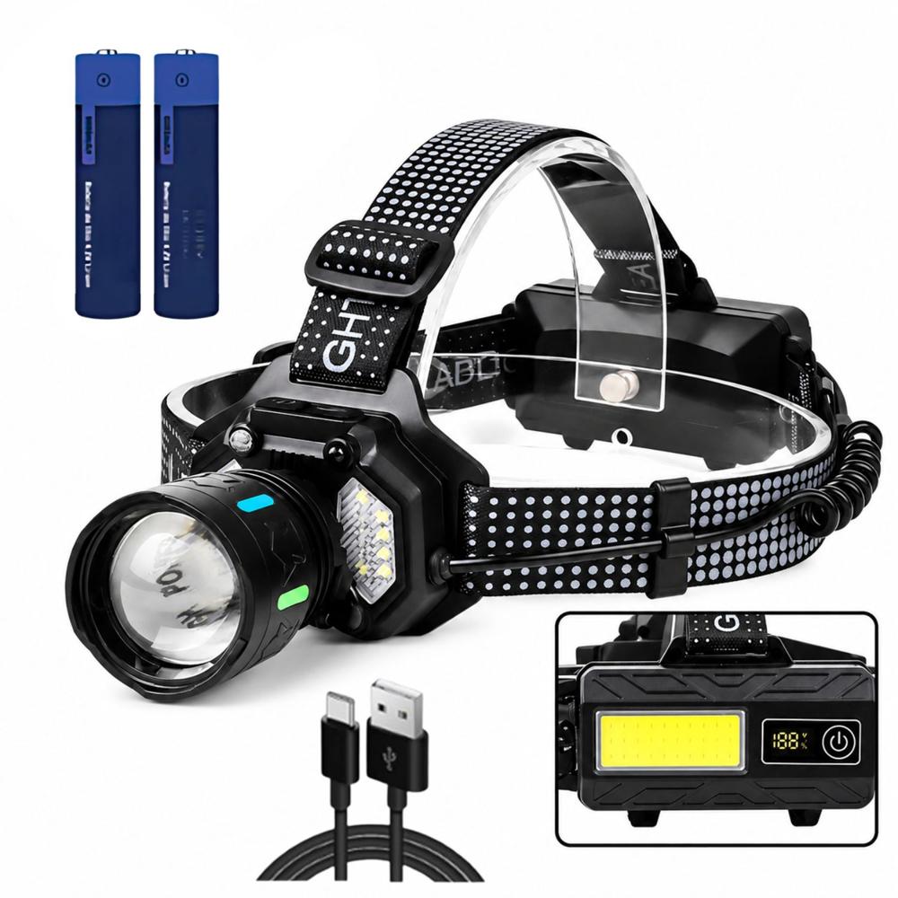 Linterna Frontal 1200 Lúmenes Recargable Con Sensor Zoom USB C Y Luz Roja Trasera LED