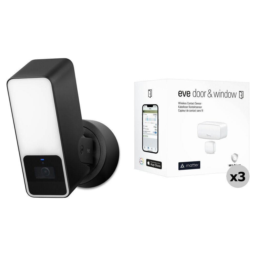 Eve Smart Security Bundle - Cámara de Seguridad Exterior 1080p con 3 Sensores de Contacto