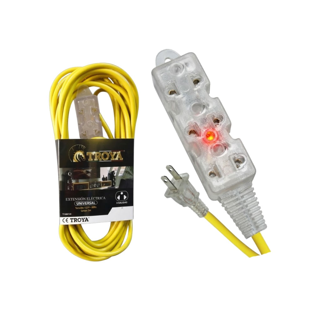 Extension Universal de 3 Tomas 10 Metros Con Luz Neon y Toma a Corriente Bipolar Ty10M120