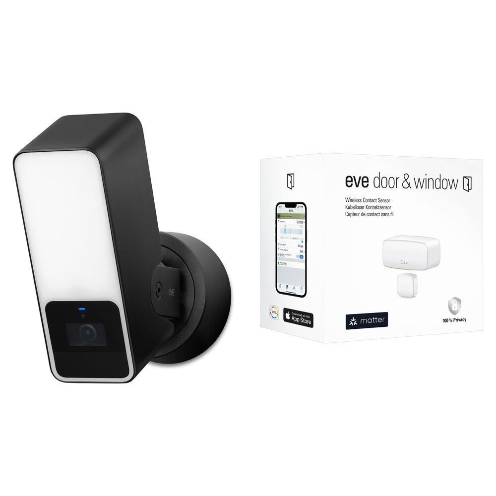 Eve Smart Security Bundle - Cámara de Seguridad Exterior 1080p con Sensor Inalámbrico pa
