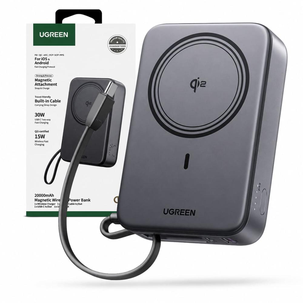 Power Bank Magnetico Ugreen PB567 20000 mAh Qi2 Cable Integrado 30W Gris