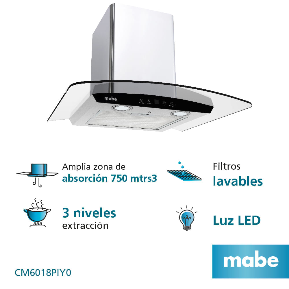 Campana Extractora 60cm Mabe CM6018PIY0 Carbón Activado Inoxidable