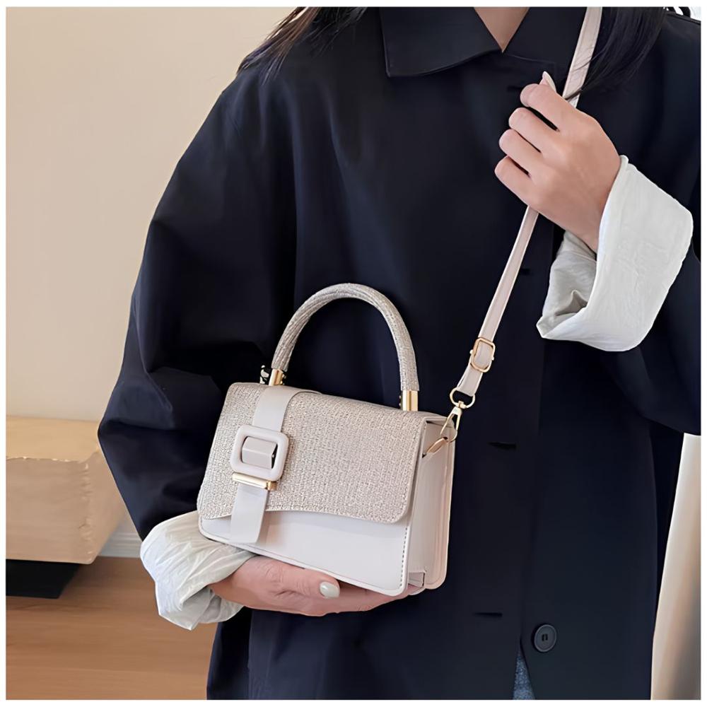 Cartera de Mano con Brillos con Asa y Correa Ajustable Diseño Elegante - Crema