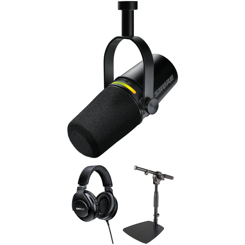 Shure MV7+ Micrófono Podcast XLR/USB con Soporte de Mesa Ajustable y Auriculares Cerrados
