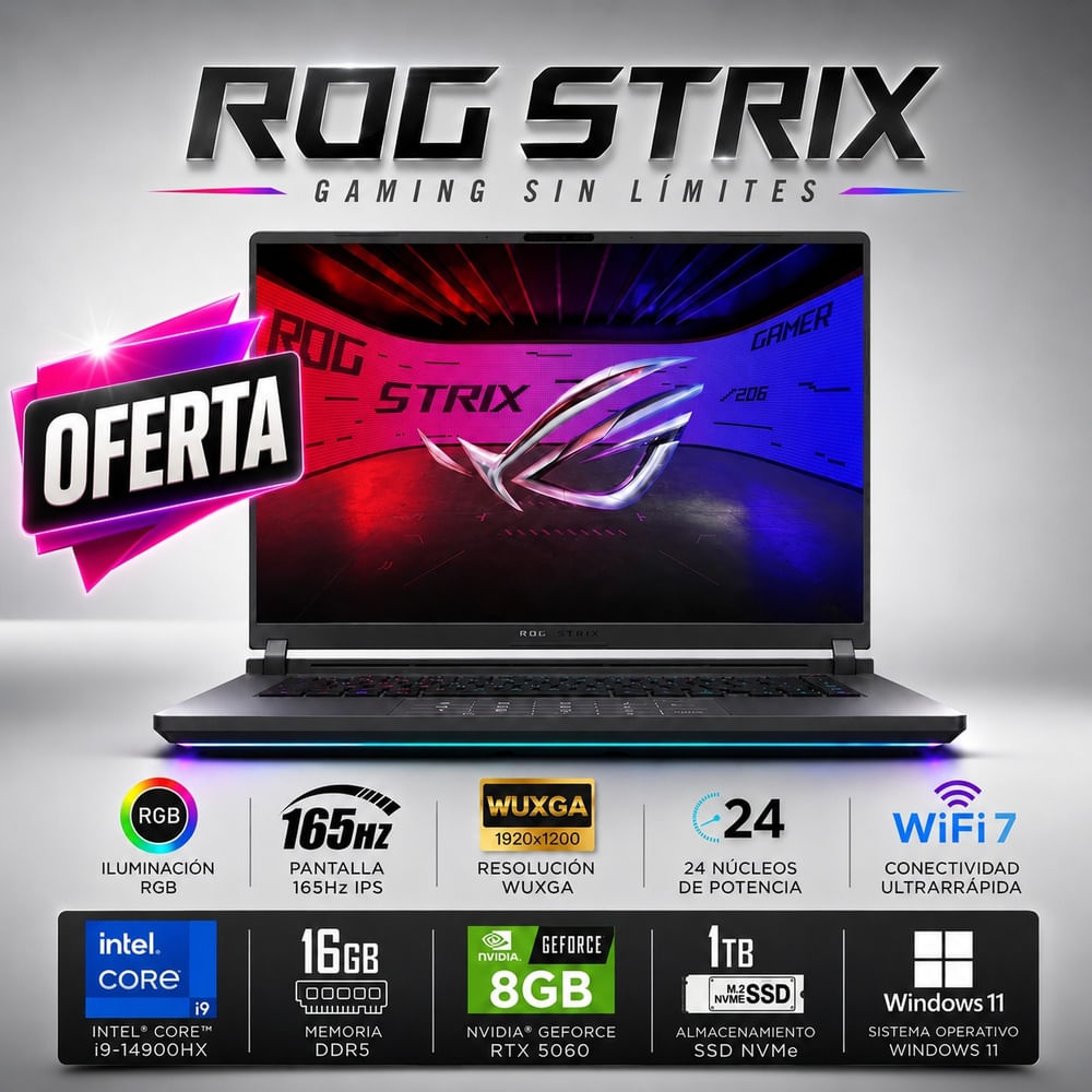 LAPTOP ASUS  INTEL CORE I7-14650HX 16GB 1TB  RTX 5060 8GB 16 FHD 165HZ   ROG STRIX G16 G615JMR-AS74