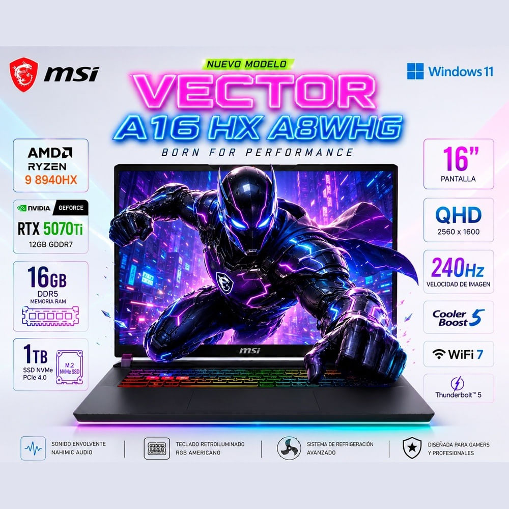 Laptop Msi Vector A16 HX A8WHG AMD Ryzen 9 8940HX 16GB RAM 1TB 5070Ti-12GB 16 240Hz - A8WHG-004US