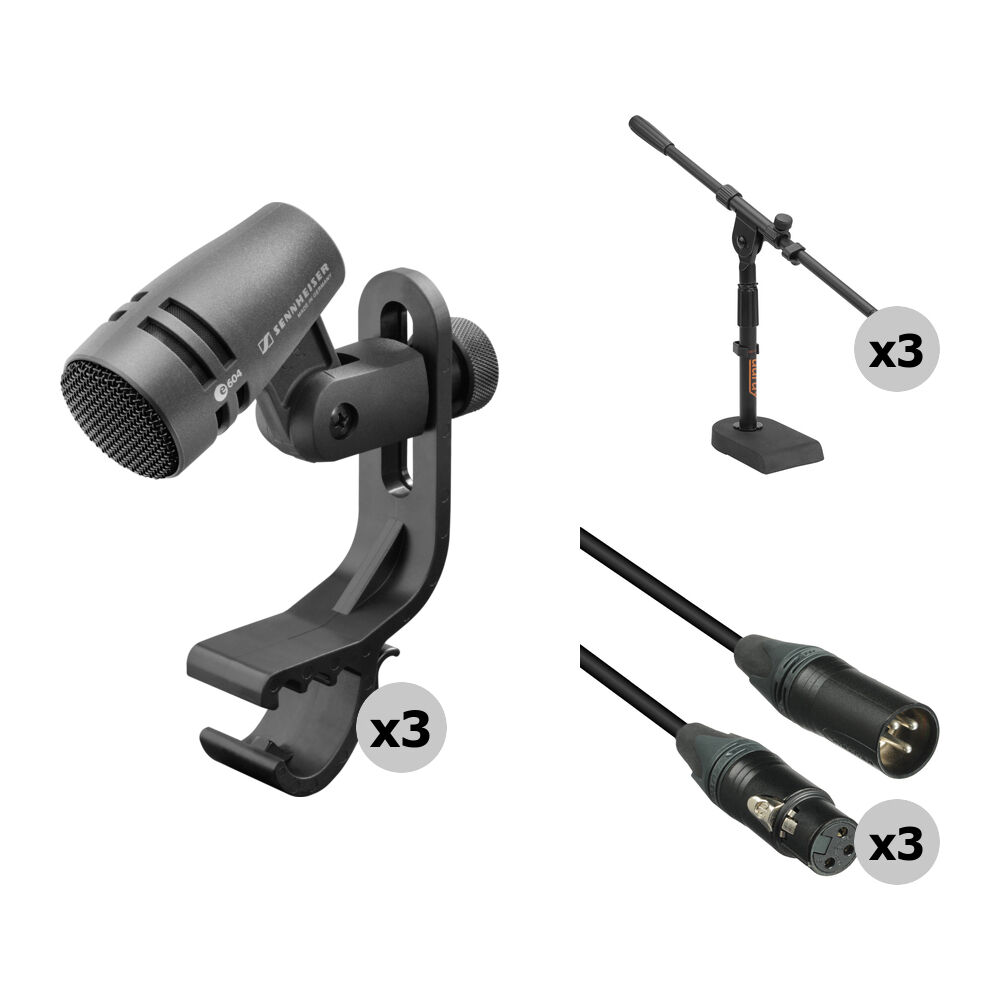 Sennheiser e 604 Micrófono Cardioide para Instrumentos - Kit de 3 Micrófonos con Soporte
