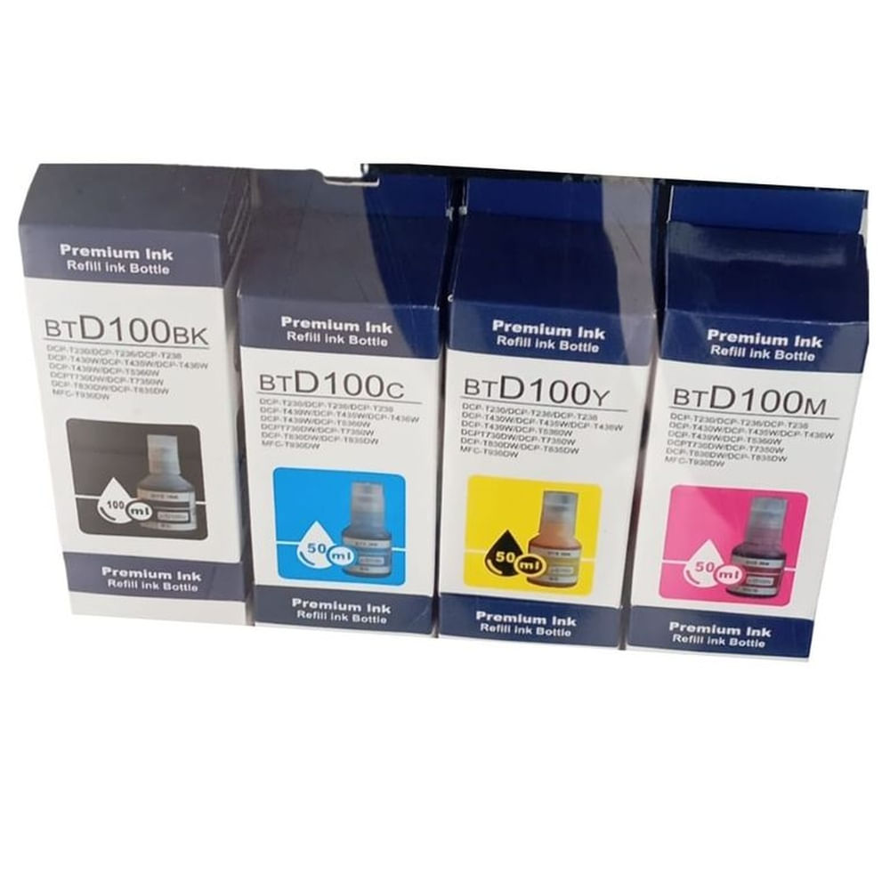 Kit de 4 Tintas Compatibles Brother BTD100 (Negro Cian Magenta Amarillo) - Alto Rendimiento
