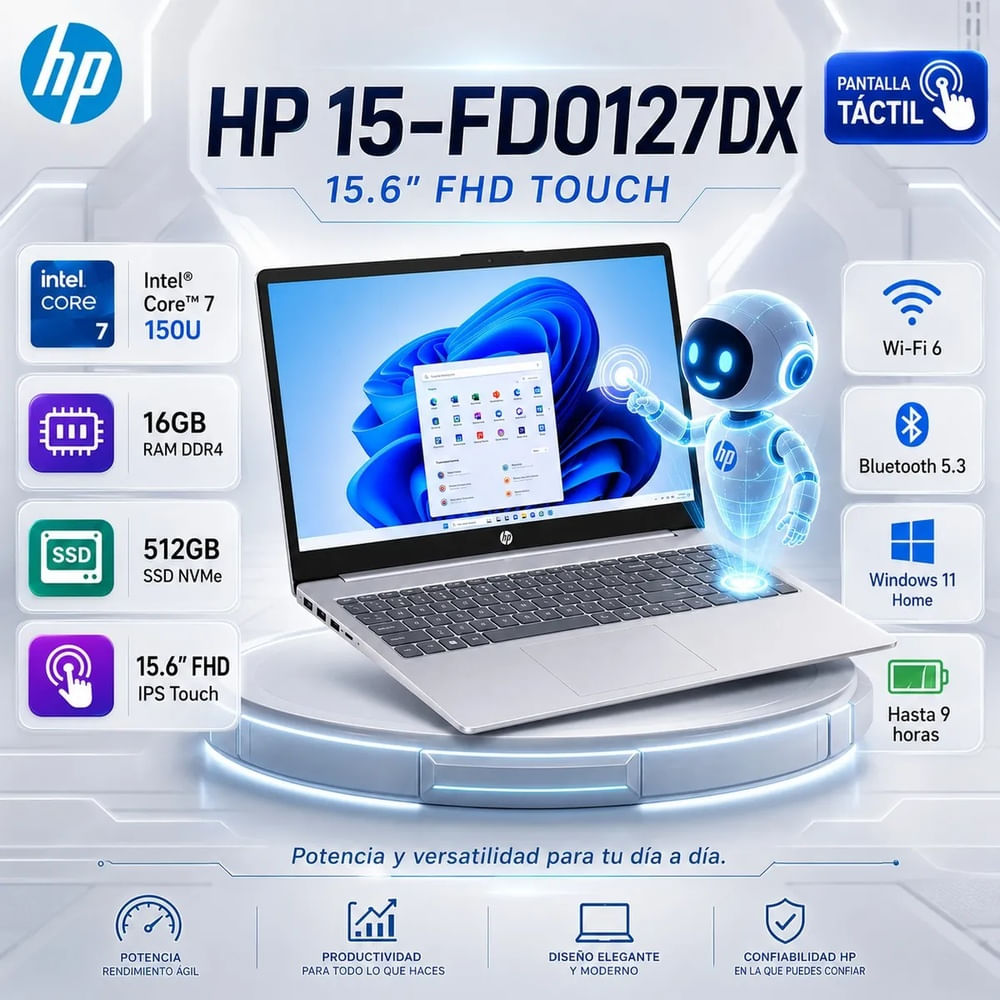 Laptop HP  15.6 FHD Touch Intel Core 7 150U 16GB 512GB SSD   15-FD0127DX