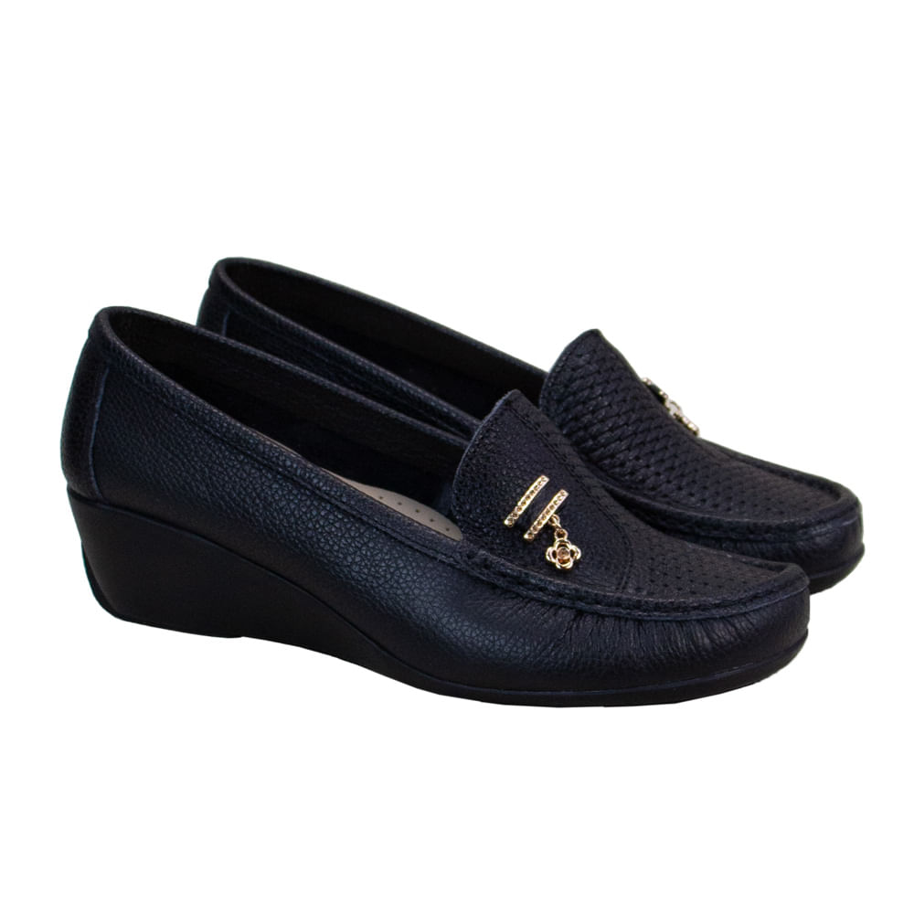 Mocasin Taco Cuña Mujer Corelli Rosa Cuero Negro Talla 35