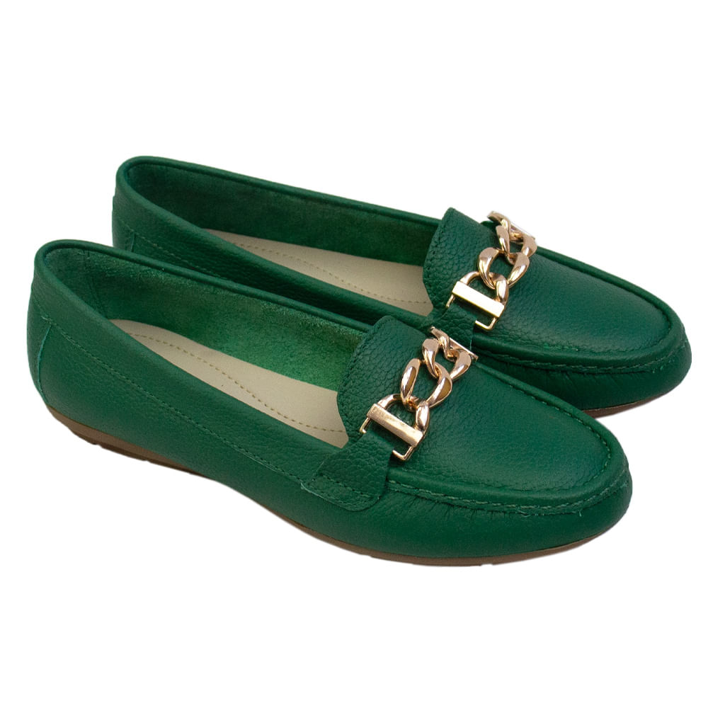 Mocasin Chato Mujer Corelli Cadena Cuero Verde Hoja Talla 39
