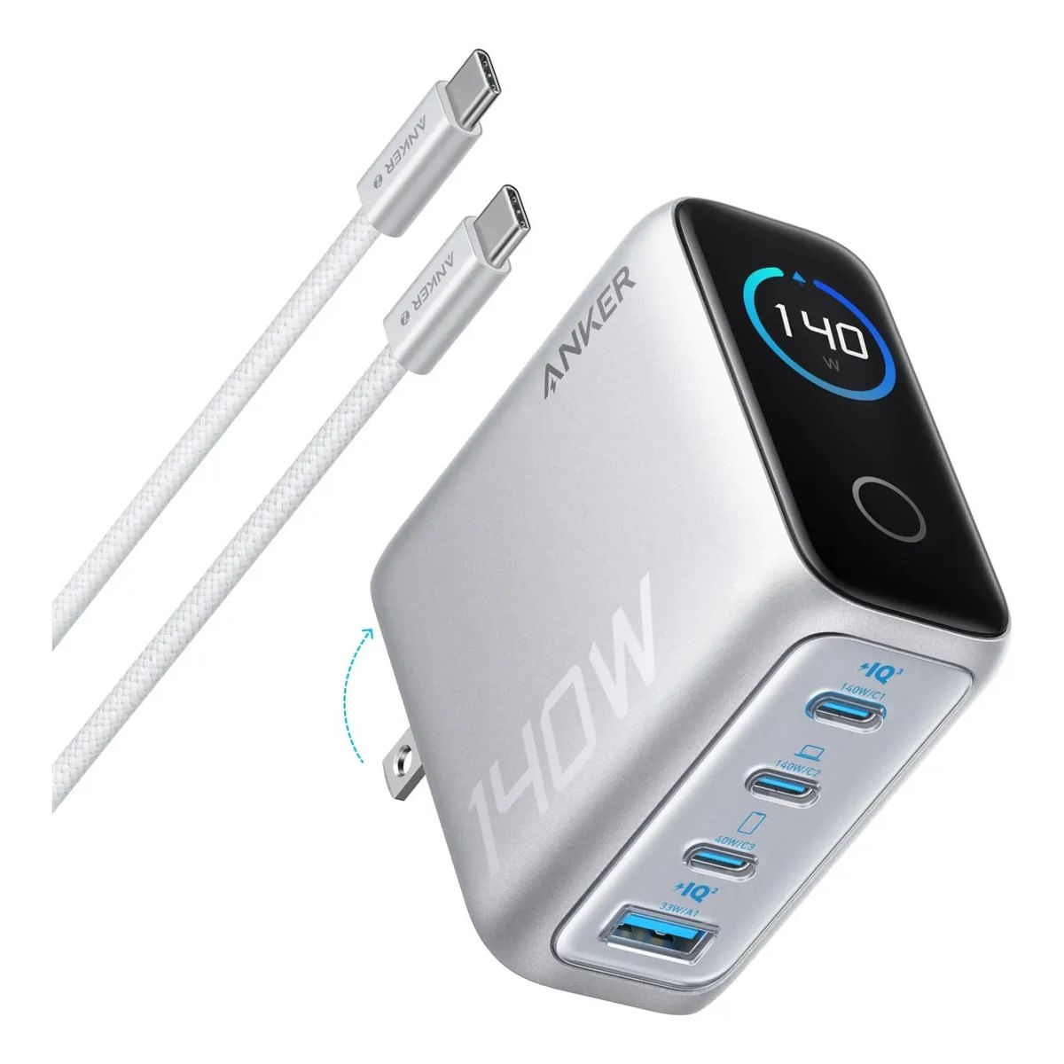 ANKER Cargador de Pared 140W 4 Puertos y Pantalla Digital PD 3.1 B2697J41