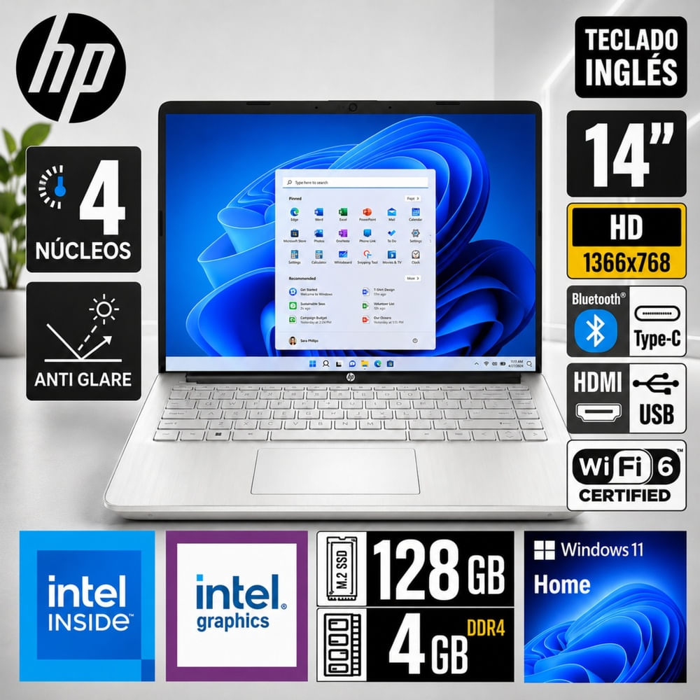 Laptop HP  Pantalla 14 HD Intel N150 RAM 4GB 128GB WIN11 HOME   14-DQ6101DX