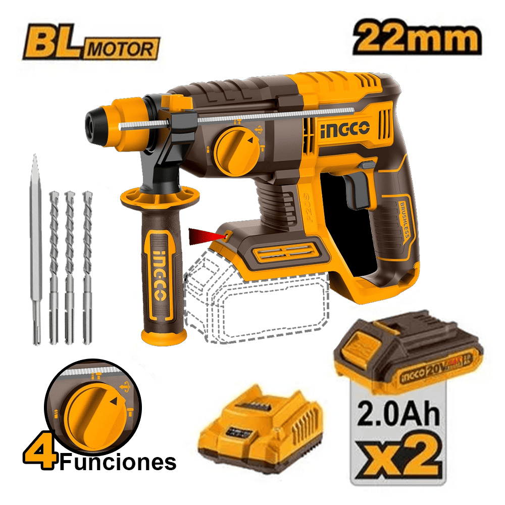 Rotomartillo Brushless Ingco 20V 2.0J SDS PLUS y 2 Baterías 2.0AH CRHLI20208