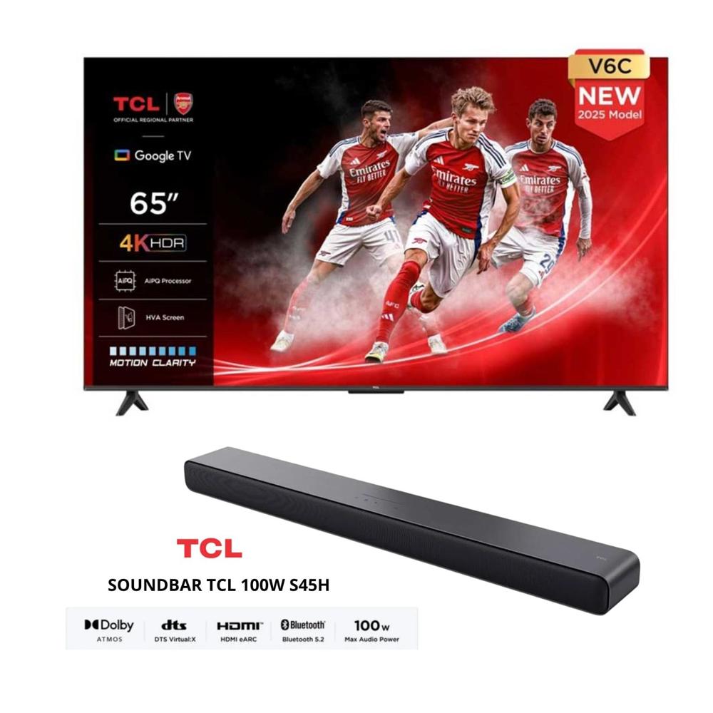 Televisor TCL 65 Pulgadas 4K HDR Google TV 65V6C - SOUNDBAR TCL 100W S45H