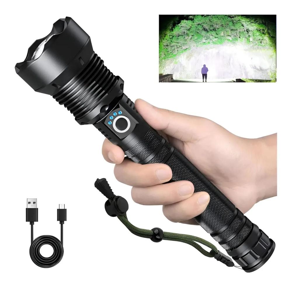 Linterna LED Recargable P70 De 3000LM Con Zoom Telescópico USB Tipo C Alcance Hasta 1000 Metros