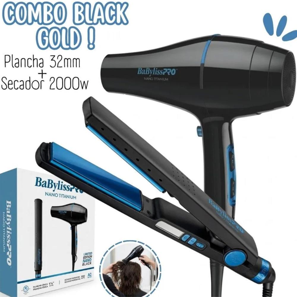 Combo BabylissPro BBLPP4PE Plancha Blue Black mas Secador Nano Blue