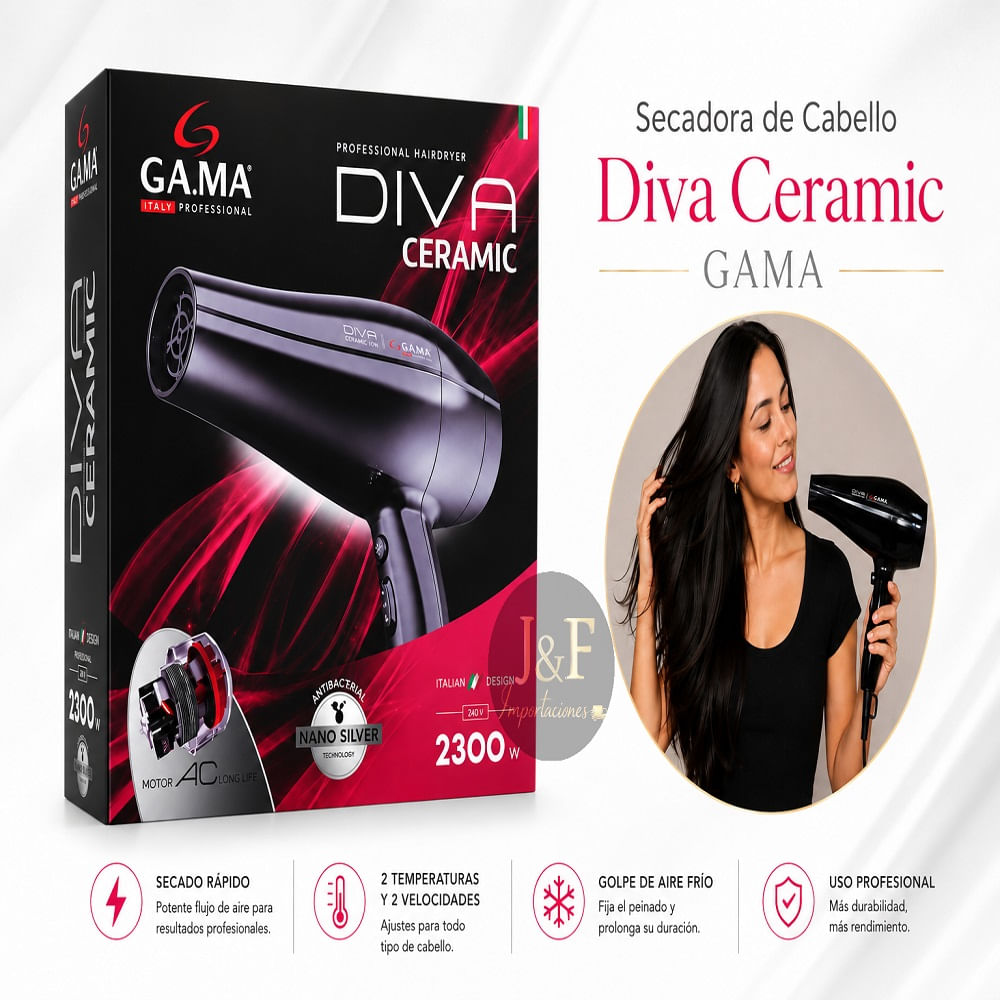 Secadora Gama Diva ceramica 2 boquillas  difusor botón de aire frio 2300 W