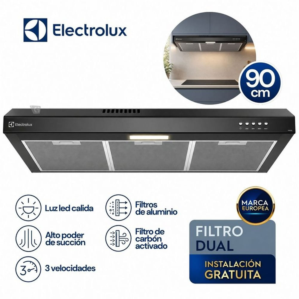 Campana Extractora Electrolux 90cm Alto Poder de Succión e iluminación LED Negra DE9SB