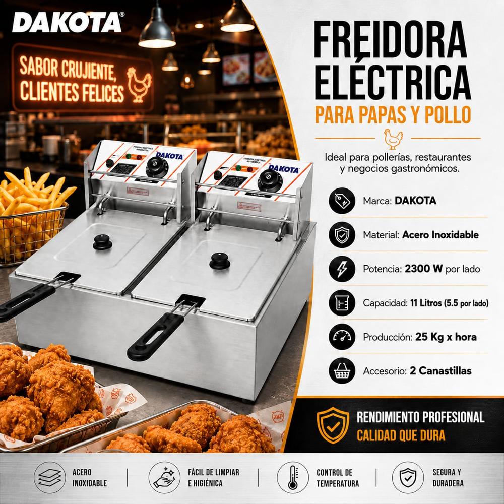 FREIDORA ELÉCTRICA CON ACEITE 11 LITROS AUTOMÁTICA DOBLE POZA DAKOTA EF-552-1