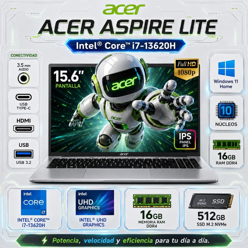 Laptop Acer 15.6 FHD Intel Core i7-13620H 16GB DDR5 512GB SSD Gráficos Intel UHD AL15-72P-7948