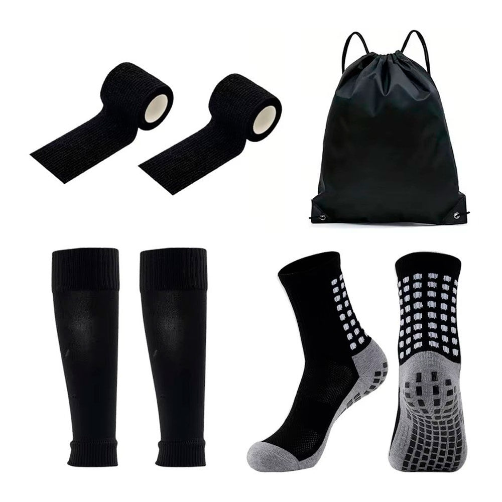 Kit Futbolero 4 Piezas Negro Medias Canilleras y Cinta