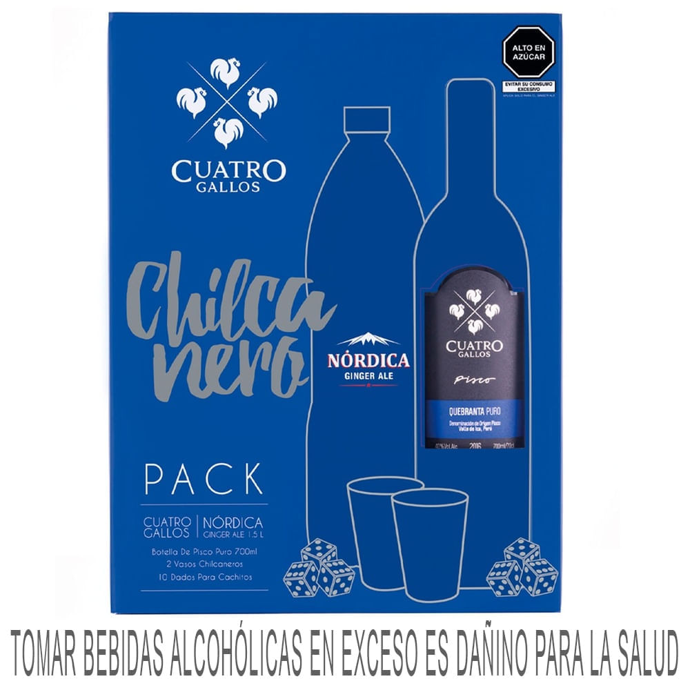 Pack Pisco CUATRO GALLOS Quebranta Botella 700ml + Gaseosa Nórdica Botella 1.5L + Vaso + Dados