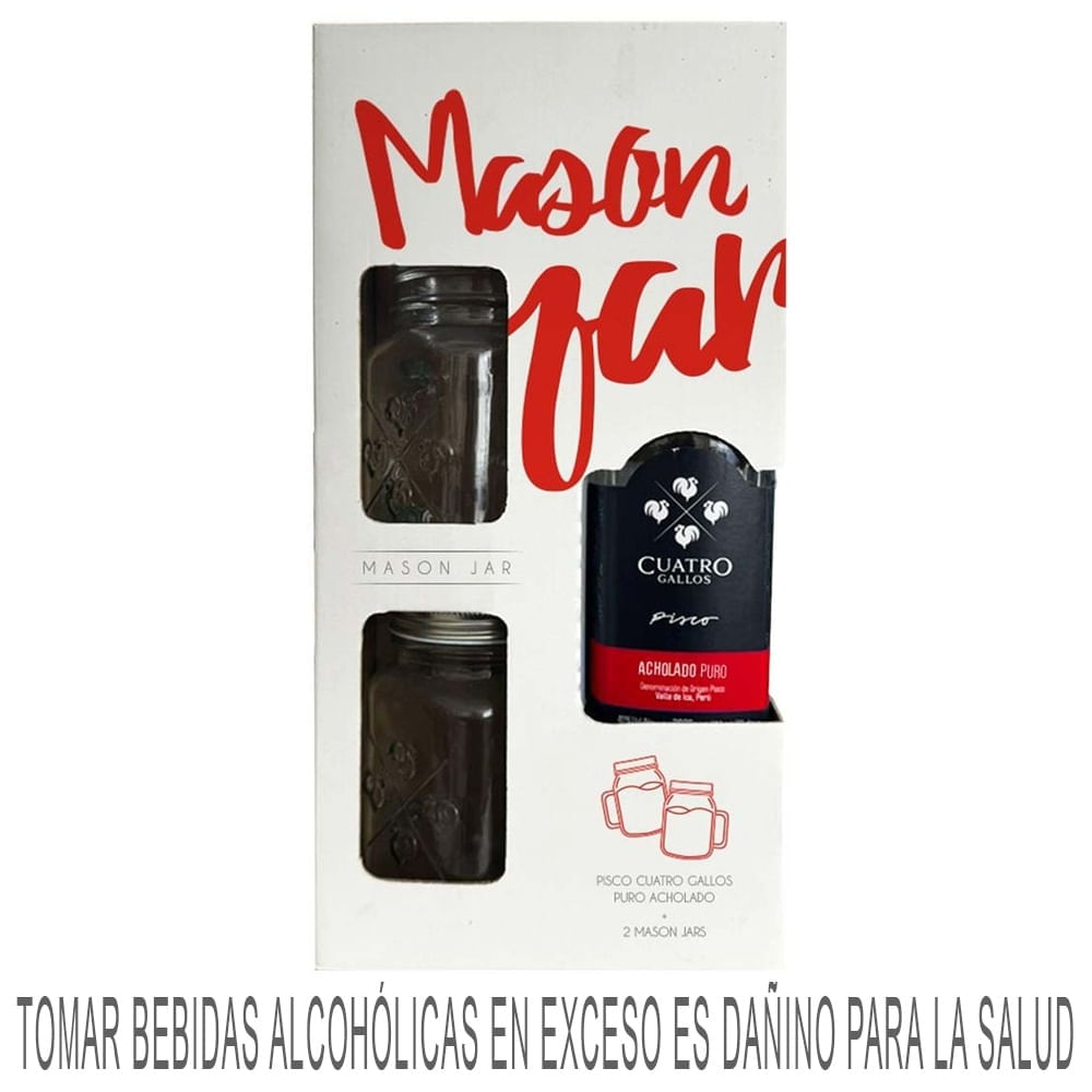 Pack CUATRO GALLOS Acholado 700ml + 2 Jarras MASON JAR