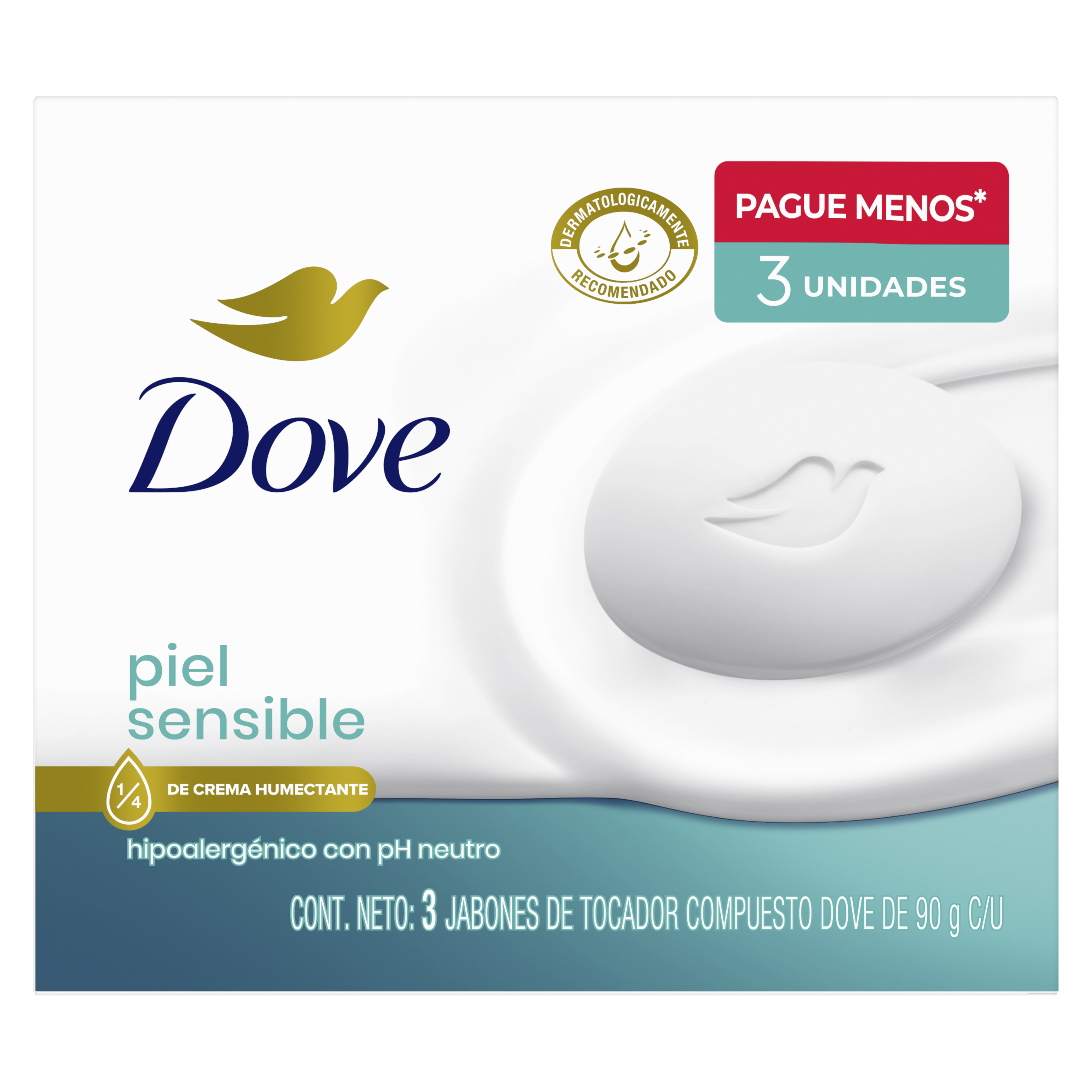 Jabón de Tocador DOVE para piel sensible Bolsa 90g Paquete 3un