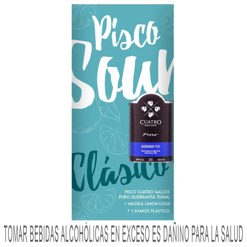 Pack Pisco CUATRO GALLOS Puro Quebranta Botella 700ml + Mix WASSKA Limón Sobre 125g