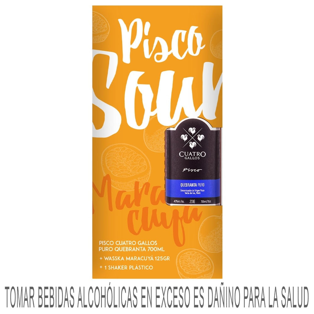 Pack Pisco CUATRO GALLOS Puro Quebranta Botella 700ml + Mix WASSKA Maracuyá Sobre 125g