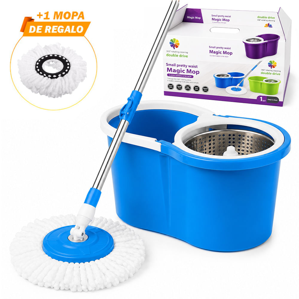 Trapeador con Escurridor Giratorio Automático 2 Mopas Celeste BY1