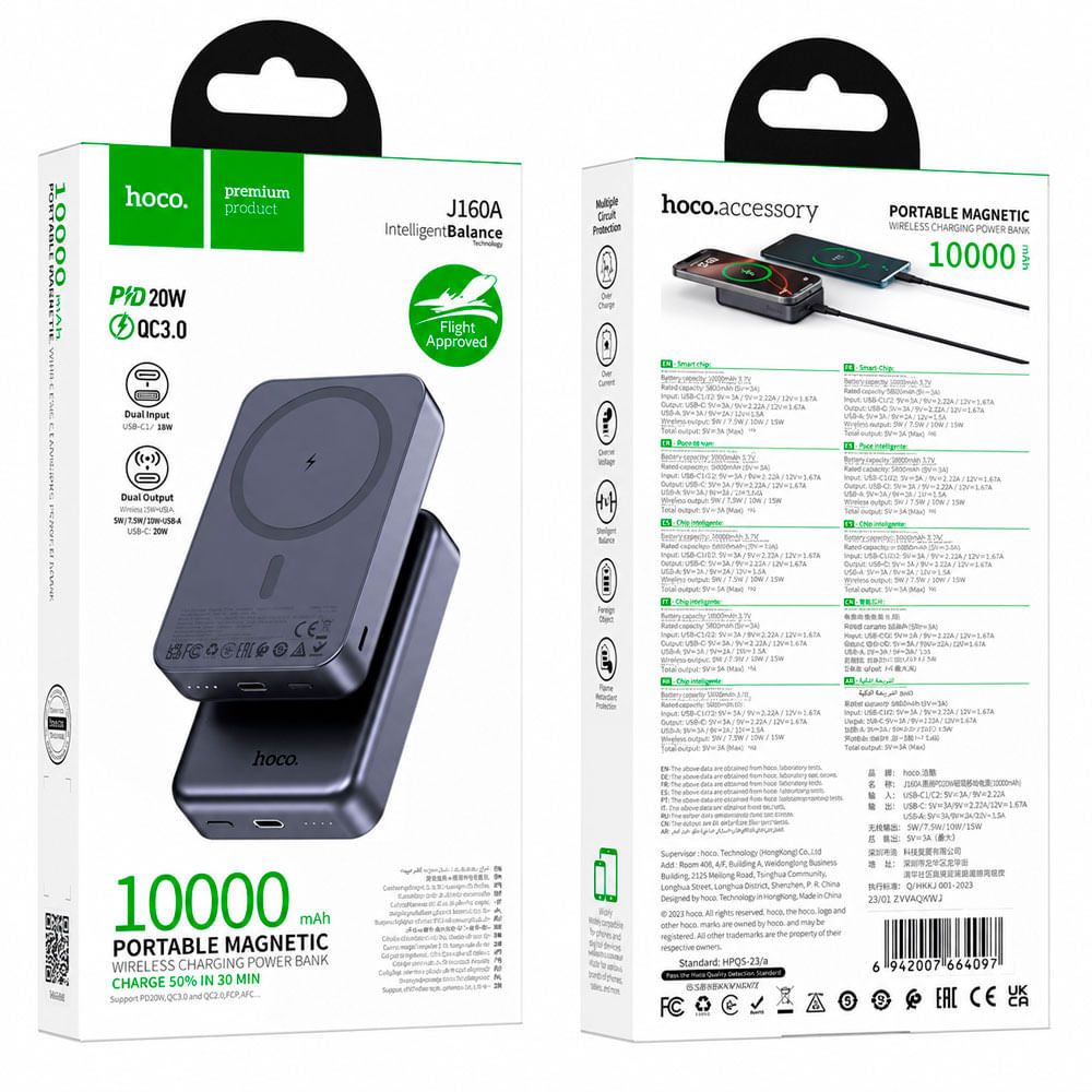 Hoco J160A Power Bank Magnético 10000mAh PD 20W Negro