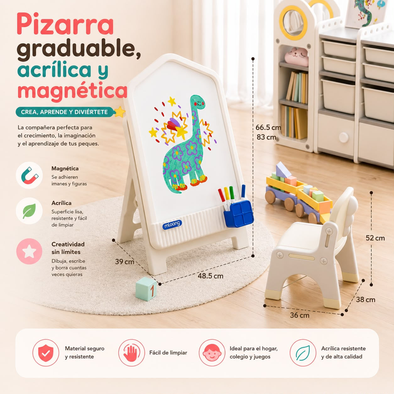 Pizarra acrilica y magnética para niños plegable porta plumones azul altura regulable con silla