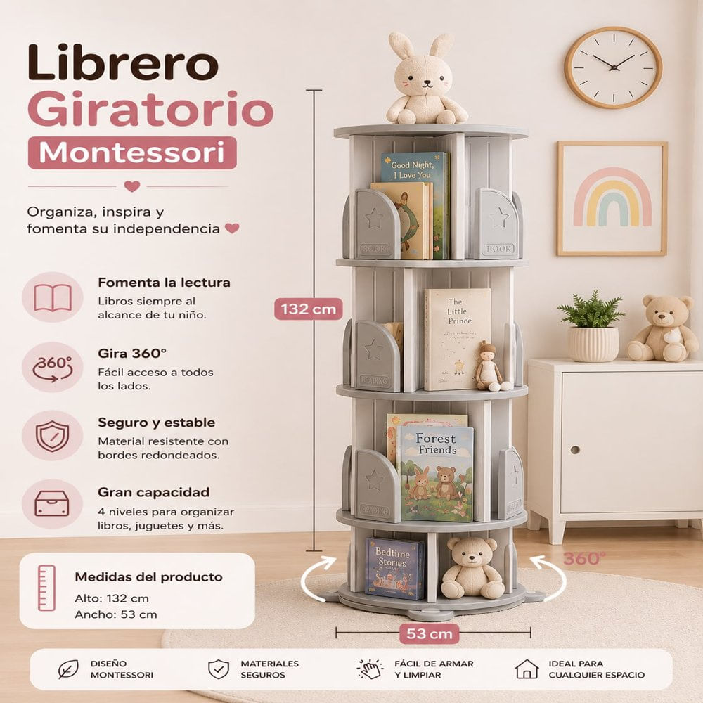 Librero giratorio 360grados para niños gris 53 x 132cm