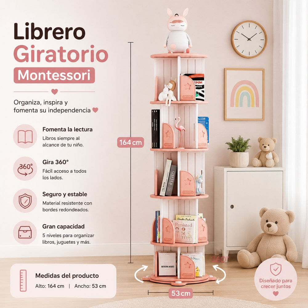 Librero giratorio 360grados para niños rosa 53 x 164 cm