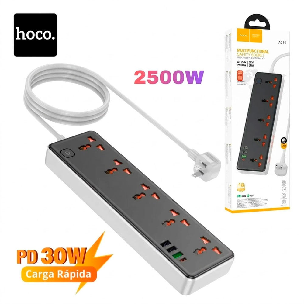 Hoco AC14 Extensión Eléctrica 5 Tomas USB USB-C PD 30W 2500W