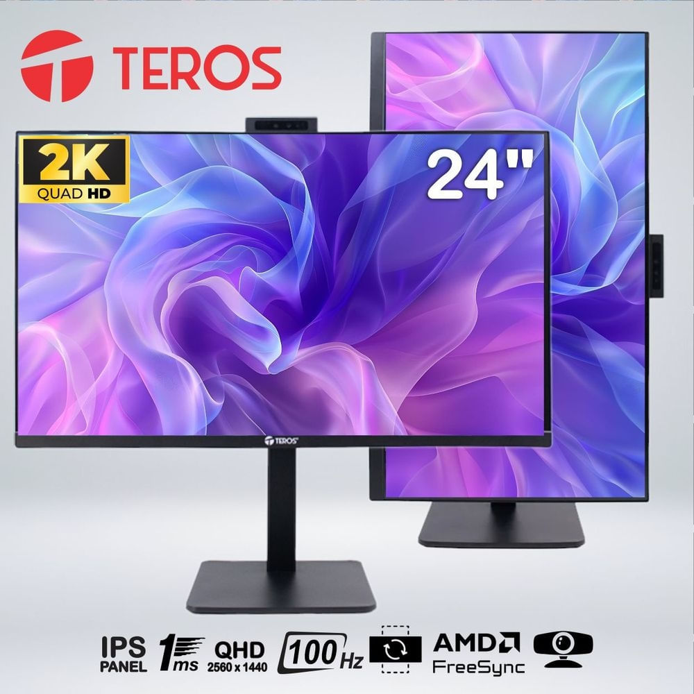 Monitor Teros TE-2416CS, 24"" QHD IPS, 100Hz, 1ms, Pivote, Cámara Web, Parlante