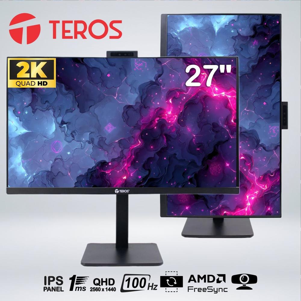 Monitor Teros Corporativo TE-2715CS, 27"" QHD IPS 2K, 100Hz, 1ms, Pivote, Cámara Web, Parlante